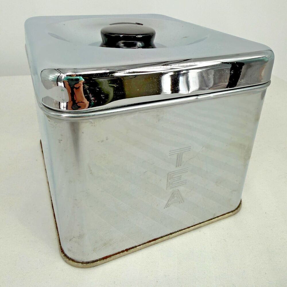 Vintage Lincoln BeautyWare Chrome Tea Canister Storage Tin Metal Box 5" x 6"